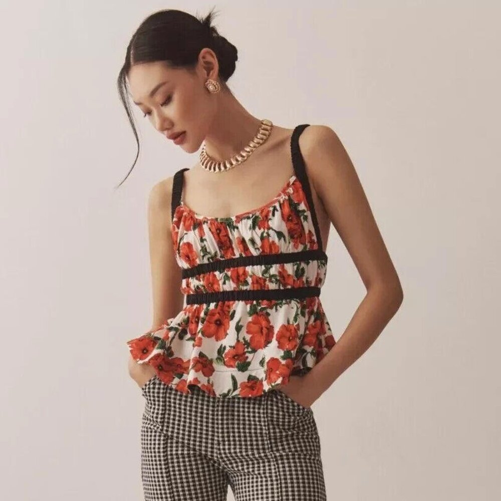 Maeve Anthropologie Ditali Open-Back Tank Top Red Floral Printed M NWT 272503